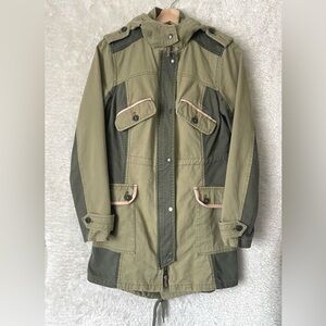 Hei Hei Anthropologie Olive Green Hooded Parka Jacket Patchwork Style Small